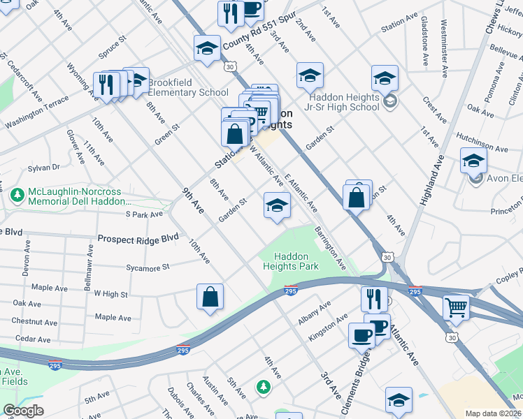 map of restaurants, bars, coffee shops, grocery stores, and more near 307 8th Avenue in Haddon Heights