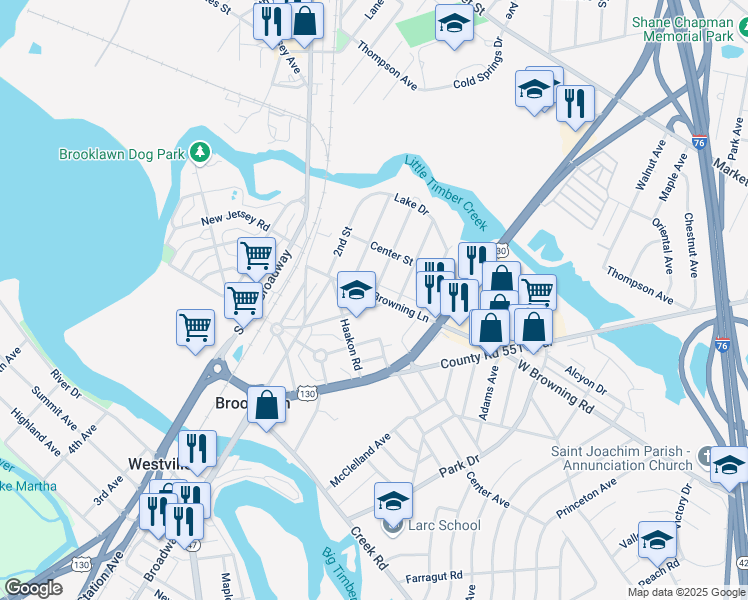 map of restaurants, bars, coffee shops, grocery stores, and more near 218 Browning Lane in Brooklawn