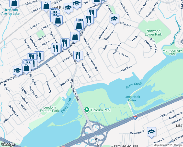 map of restaurants, bars, coffee shops, grocery stores, and more near 114 Nassau Boulevard in Prospect Park