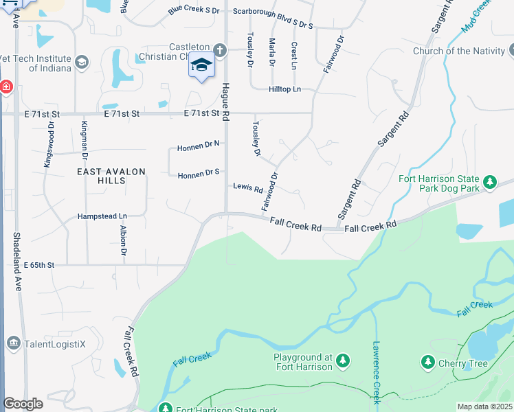 map of restaurants, bars, coffee shops, grocery stores, and more near 7734 Fall Creek Road in Indianapolis