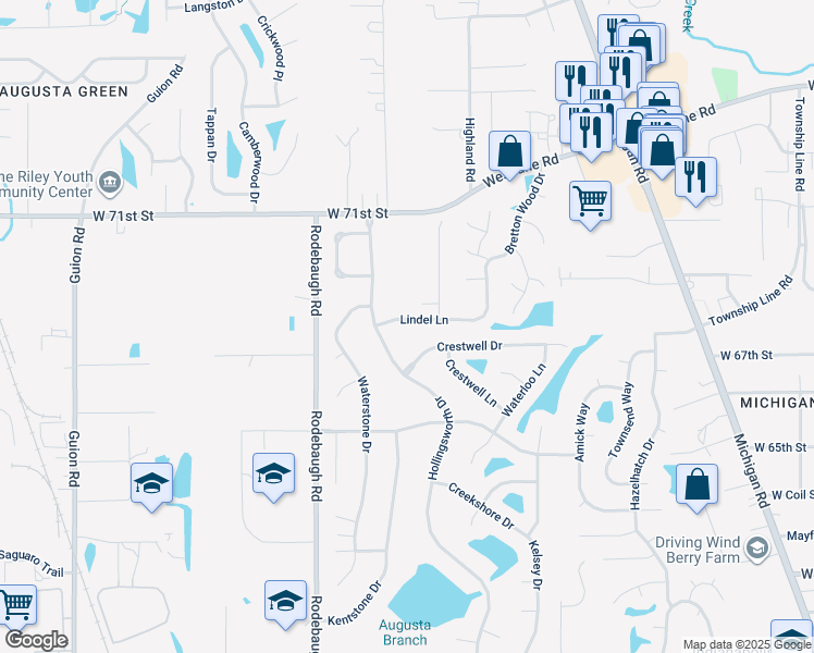 map of restaurants, bars, coffee shops, grocery stores, and more near 3401 Lindel Lane in Indianapolis