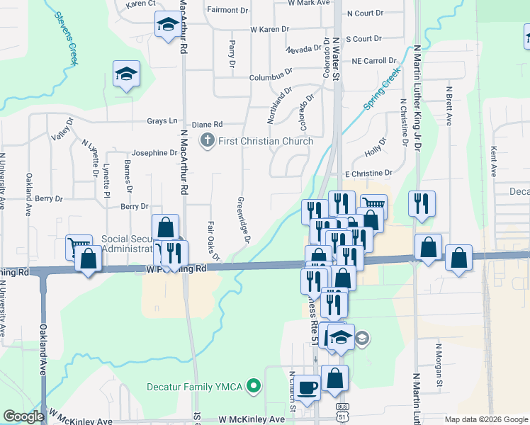 map of restaurants, bars, coffee shops, grocery stores, and more near 3102 Colorado Drive in Decatur