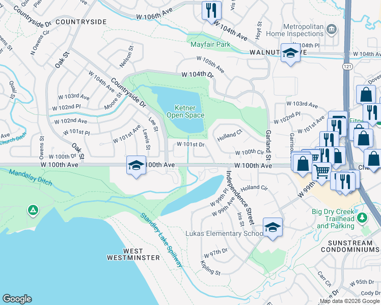 map of restaurants, bars, coffee shops, grocery stores, and more near 10082 West 100th Place in Broomfield