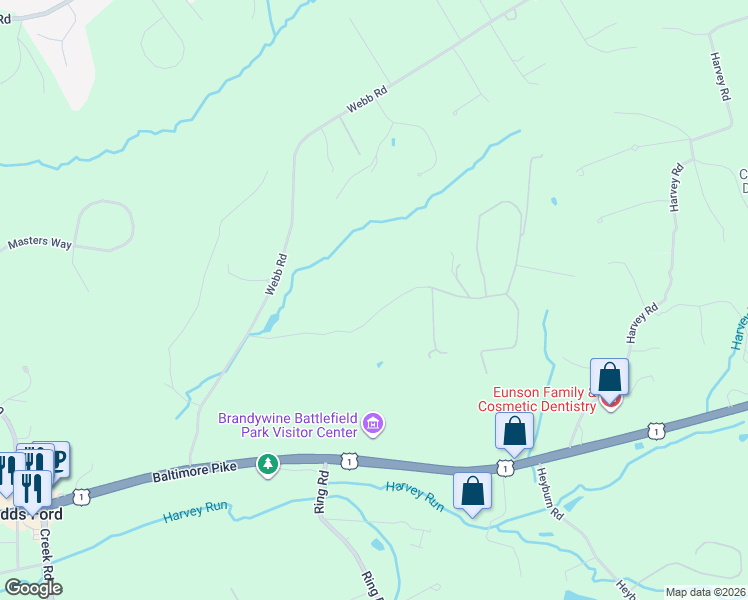 map of restaurants, bars, coffee shops, grocery stores, and more near 28 Atwater Road in Chadds Ford