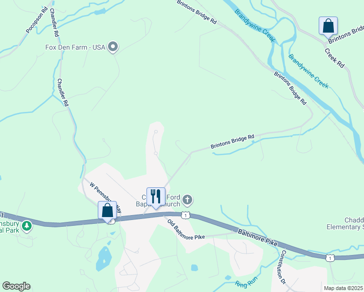 map of restaurants, bars, coffee shops, grocery stores, and more near 1434 Brintons Bridge Road in Chadds Ford
