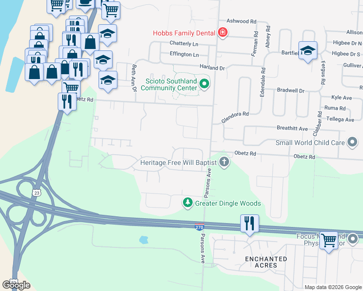 map of restaurants, bars, coffee shops, grocery stores, and more near 416 Chambersburg Road in Columbus