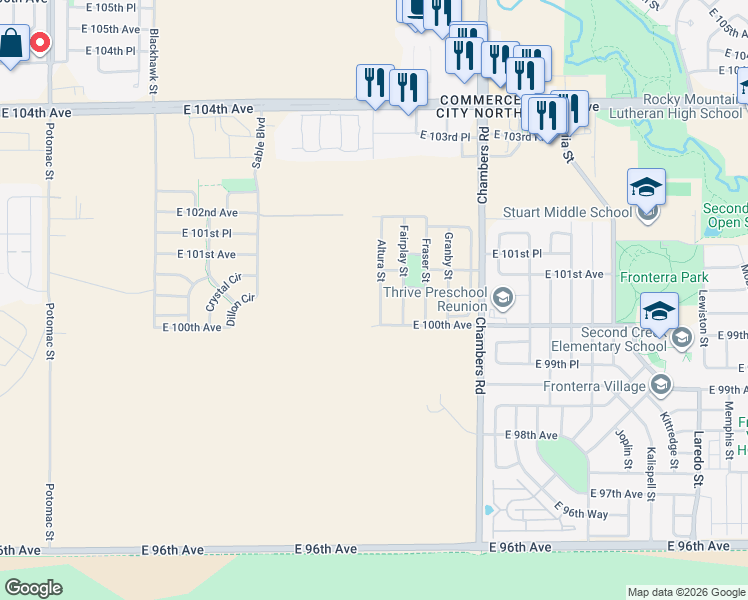 map of restaurants, bars, coffee shops, grocery stores, and more near 10041 Altura St in Commerce City