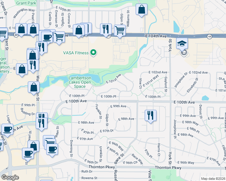 map of restaurants, bars, coffee shops, grocery stores, and more near 10044 Franklin Street in Thornton