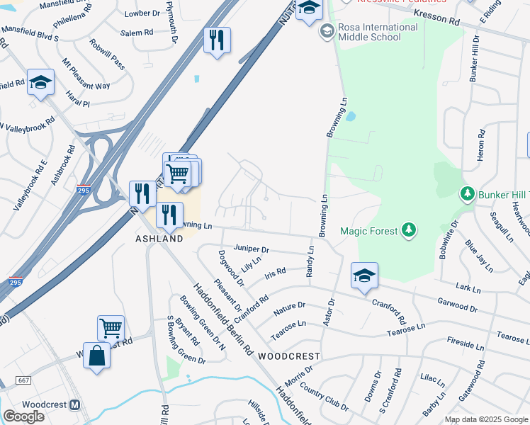 map of restaurants, bars, coffee shops, grocery stores, and more near 10 Center Avenue in Cherry Hill Township