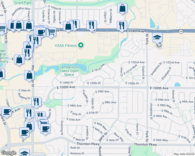 map of restaurants, bars, coffee shops, grocery stores, and more near 10044 Franklin Street in Thornton