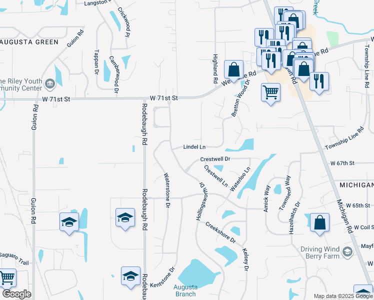 map of restaurants, bars, coffee shops, grocery stores, and more near 3401 Lindel Lane in Indianapolis