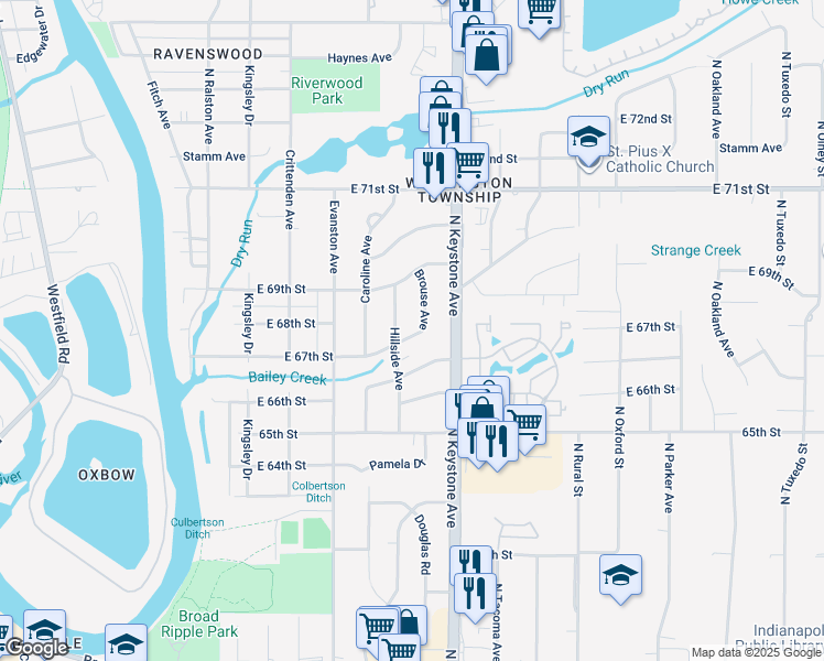 map of restaurants, bars, coffee shops, grocery stores, and more near 2226 East 67th Street in Indianapolis