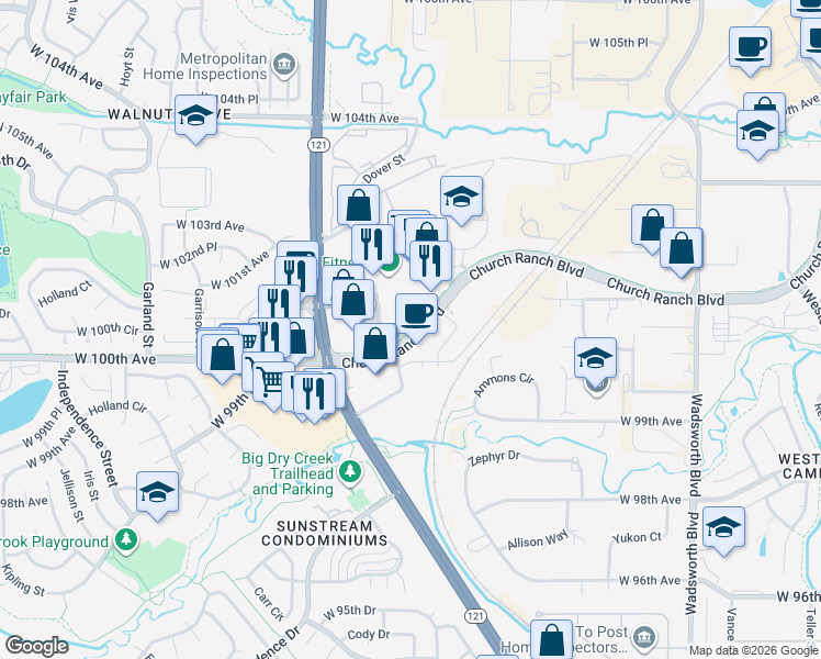 map of restaurants, bars, coffee shops, grocery stores, and more near 8531 Church Ranch Blvd in Broomfield