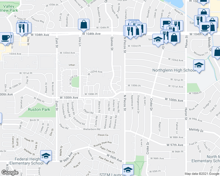 map of restaurants, bars, coffee shops, grocery stores, and more near 1701 West 101st Avenue in Thornton