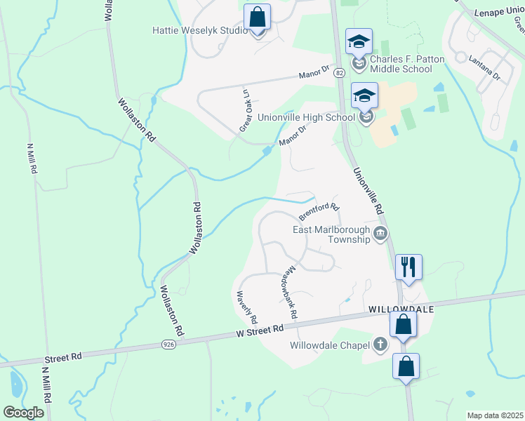 map of restaurants, bars, coffee shops, grocery stores, and more near 742 Meadowbank Road in Kennett Square