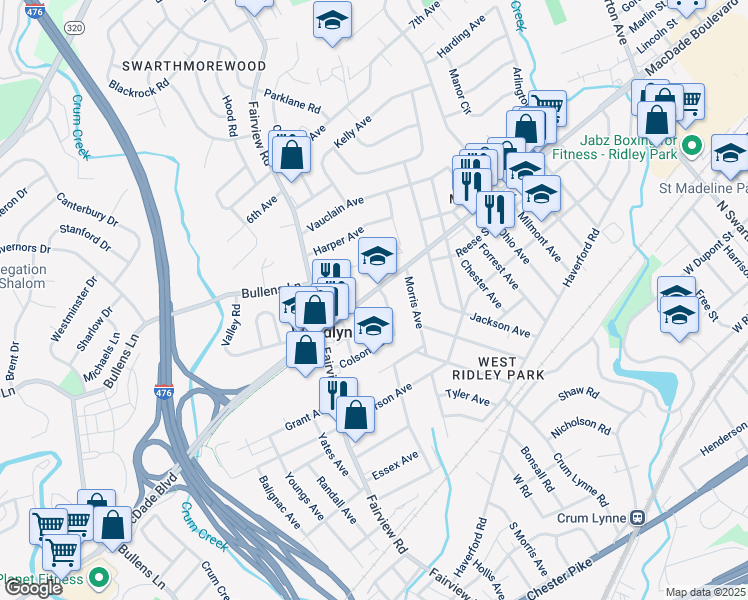 map of restaurants, bars, coffee shops, grocery stores, and more near 1201 School Lane in Woodlyn