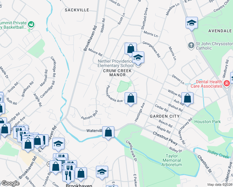 map of restaurants, bars, coffee shops, grocery stores, and more near 403 Denver Court in Nether Providence Township