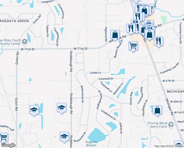 map of restaurants, bars, coffee shops, grocery stores, and more near 3401 Lindel Lane in Indianapolis