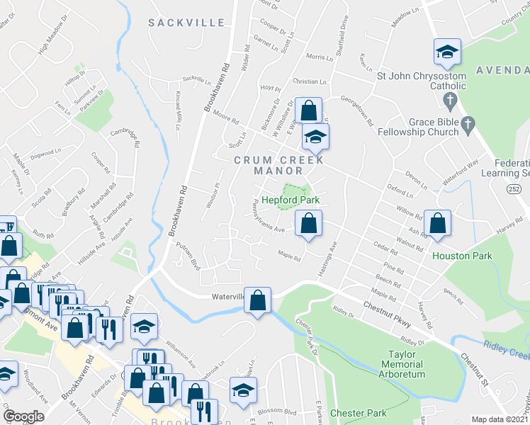 map of restaurants, bars, coffee shops, grocery stores, and more near 403 Denver Court in Nether Providence Township