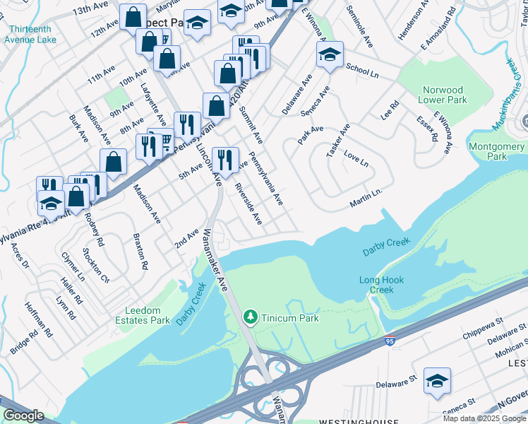map of restaurants, bars, coffee shops, grocery stores, and more near 114 Nassau Boulevard in Prospect Park