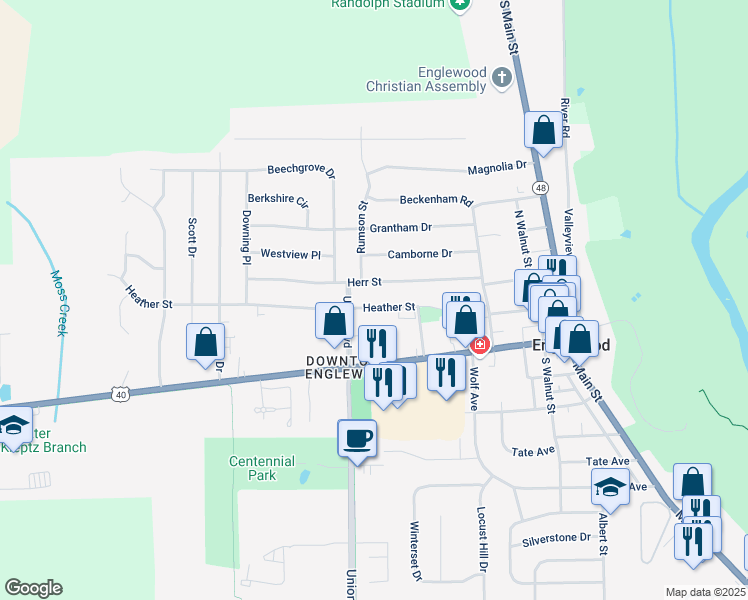 map of restaurants, bars, coffee shops, grocery stores, and more near 327 Heather Street in Englewood