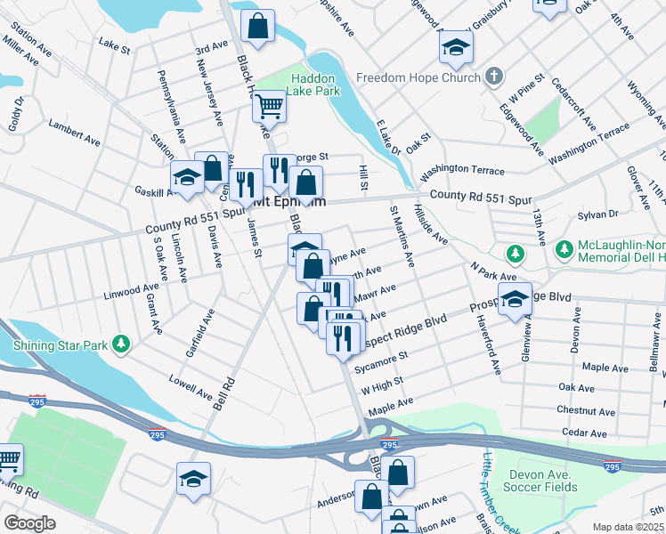 map of restaurants, bars, coffee shops, grocery stores, and more near 2026 Wayne Avenue in Haddon Heights