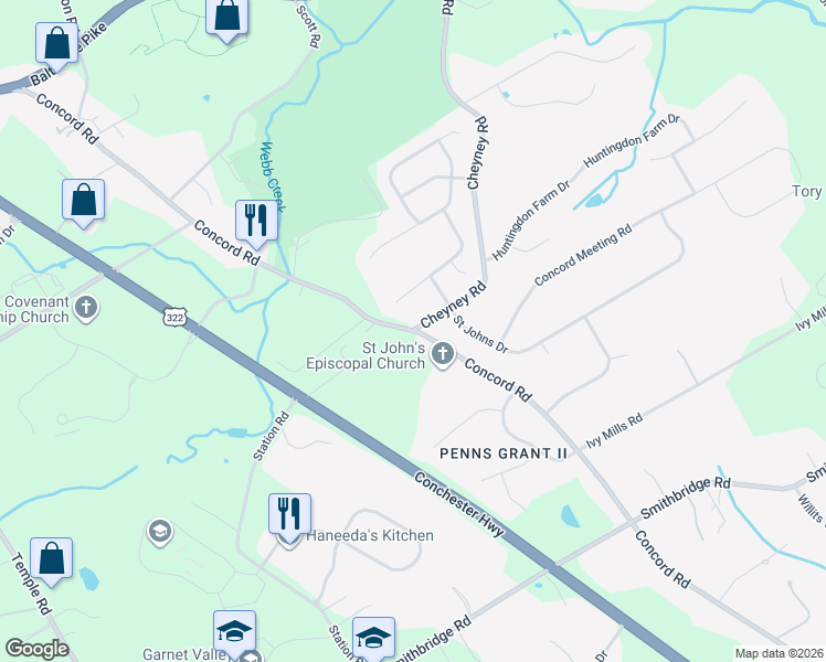 map of restaurants, bars, coffee shops, grocery stores, and more near 577 Concord Road in Glen Mills