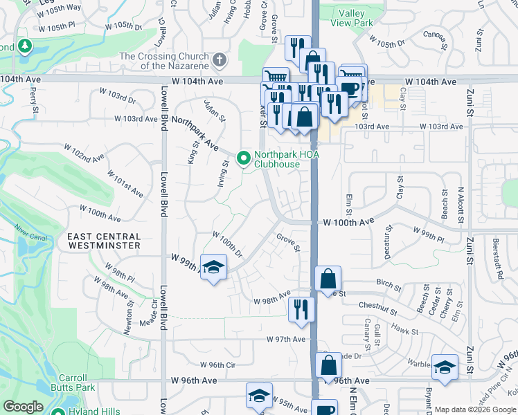 map of restaurants, bars, coffee shops, grocery stores, and more near 10078 Hooker Street in Westminster