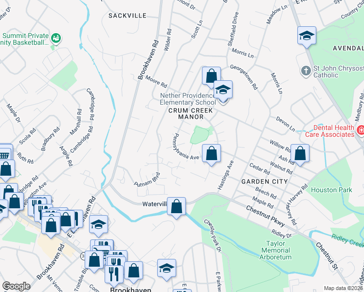 map of restaurants, bars, coffee shops, grocery stores, and more near 403 Denver Court in Nether Providence Township