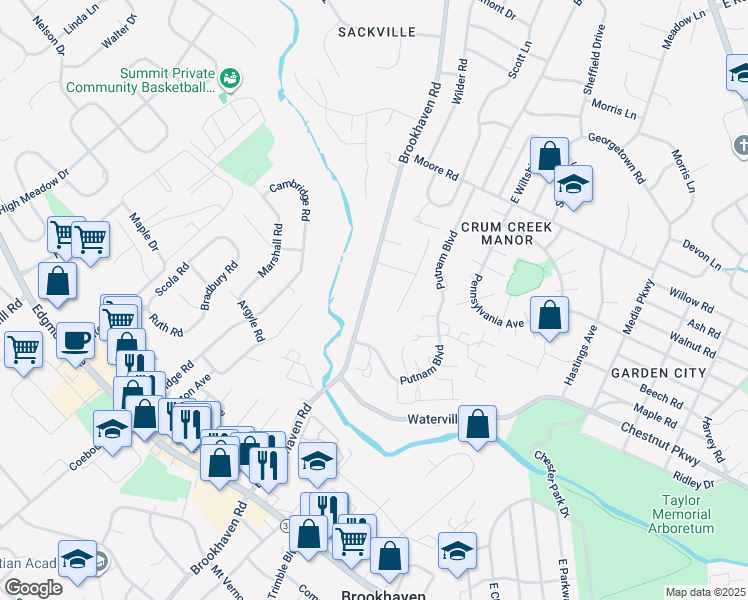 map of restaurants, bars, coffee shops, grocery stores, and more near 744A Brookhaven Road in Nether Providence Township