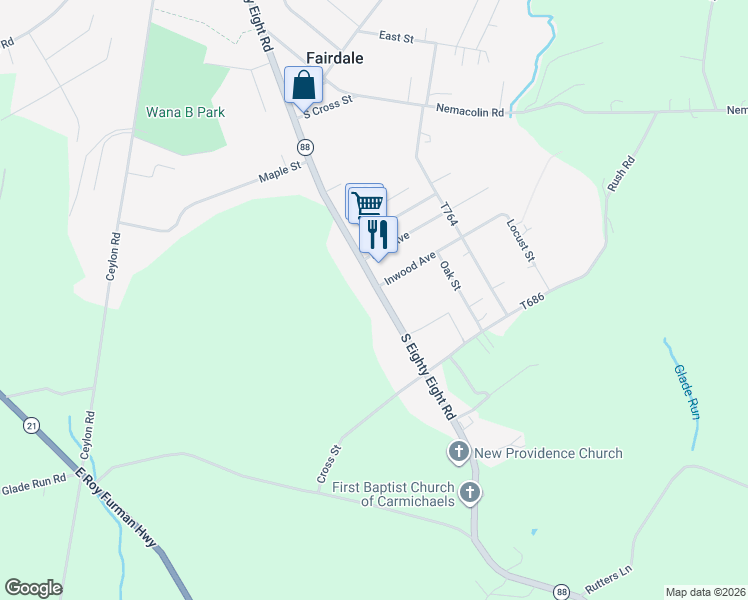 map of restaurants, bars, coffee shops, grocery stores, and more near 568 Inwood Avenue in Carmichaels