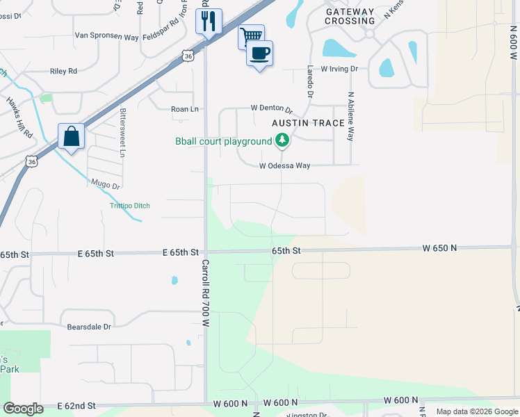 map of restaurants, bars, coffee shops, grocery stores, and more near 6829 Nottingham Lane in McCordsville