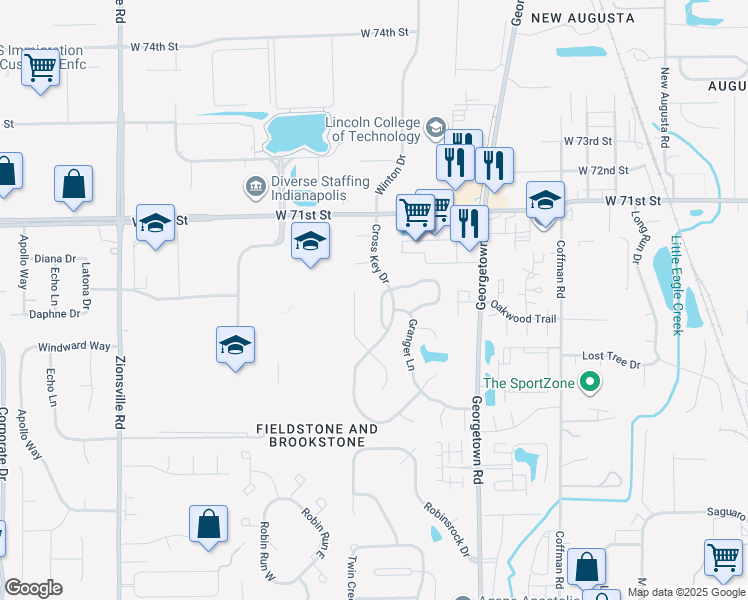 map of restaurants, bars, coffee shops, grocery stores, and more near 6836 Cross Key Drive in Indianapolis
