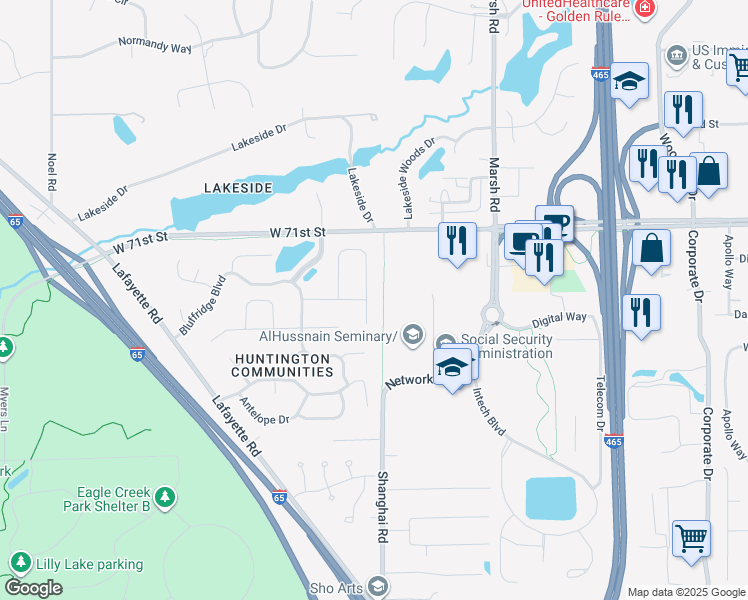 map of restaurants, bars, coffee shops, grocery stores, and more near 6901 Bluffgrove Court in Indianapolis