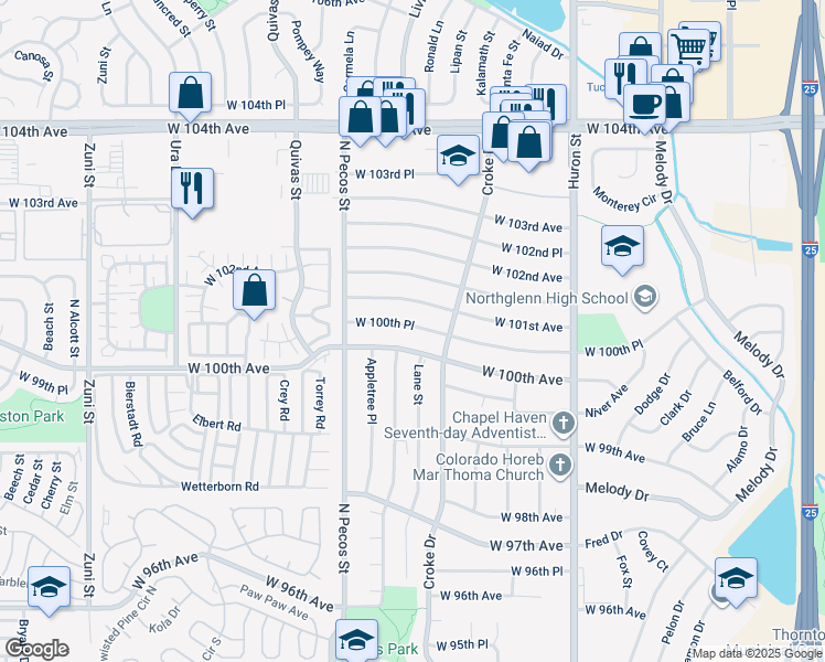 map of restaurants, bars, coffee shops, grocery stores, and more near 1282 West 100th Place in Northglenn