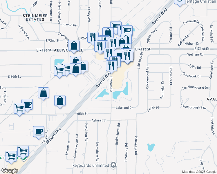 map of restaurants, bars, coffee shops, grocery stores, and more near 6747 Lakeworth Drive in Indianapolis