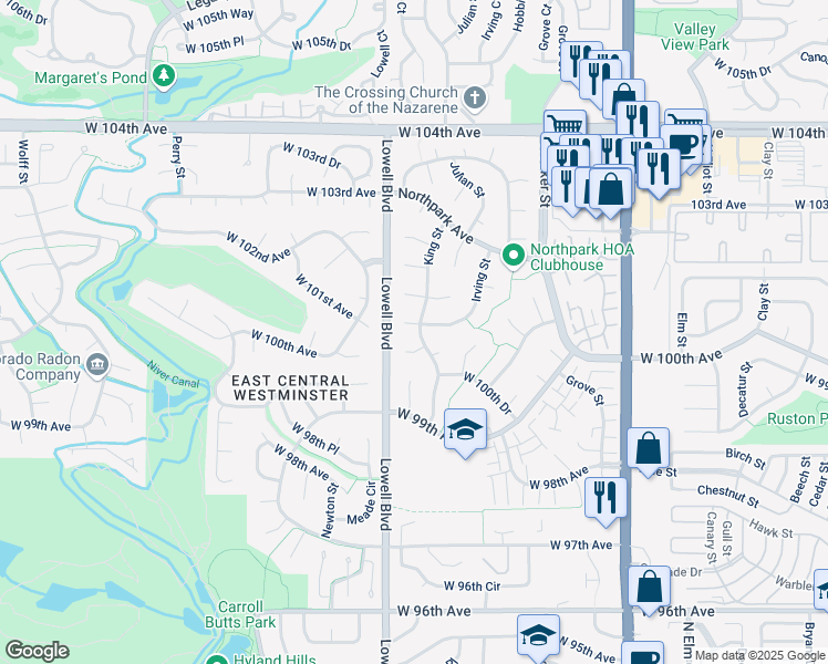 map of restaurants, bars, coffee shops, grocery stores, and more near 10012 Irving Street in Westminster