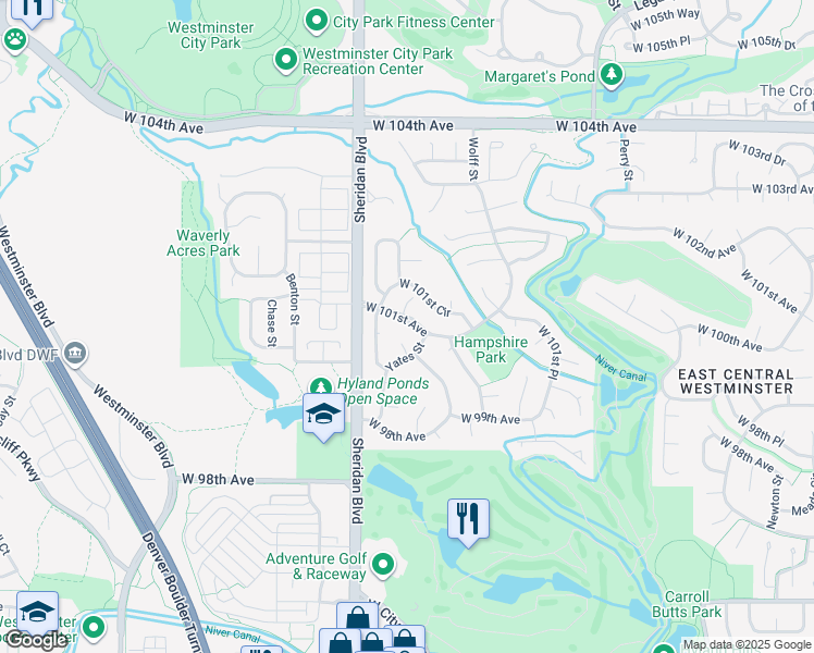 map of restaurants, bars, coffee shops, grocery stores, and more near 5020 West 101st Avenue in Westminster
