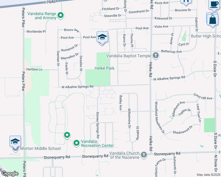 map of restaurants, bars, coffee shops, grocery stores, and more near 850 West Alkaline Springs Road in Vandalia