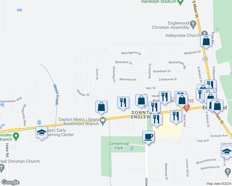 map of restaurants, bars, coffee shops, grocery stores, and more near 281 Downing Place in Englewood