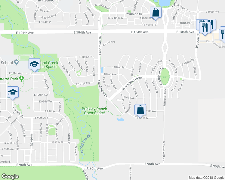 map of restaurants, bars, coffee shops, grocery stores, and more near 10058 Pagosa Court in Commerce City
