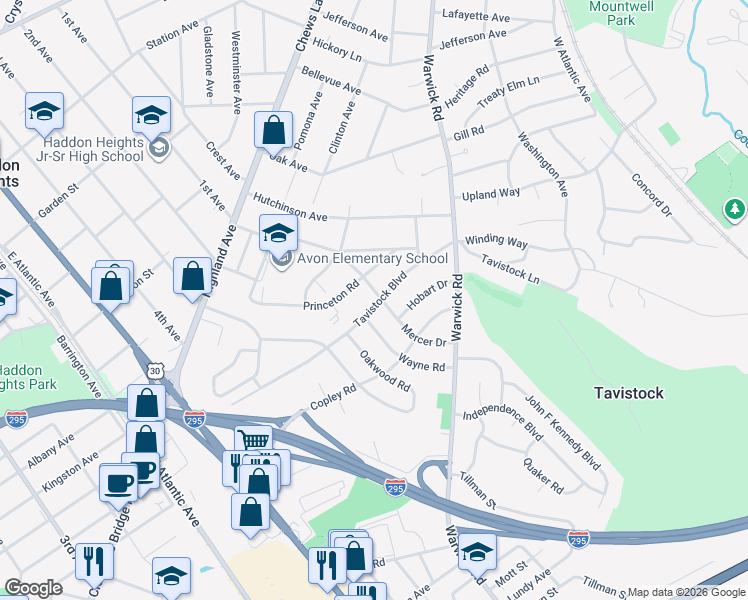 map of restaurants, bars, coffee shops, grocery stores, and more near 968 Mercer Drive in Haddonfield