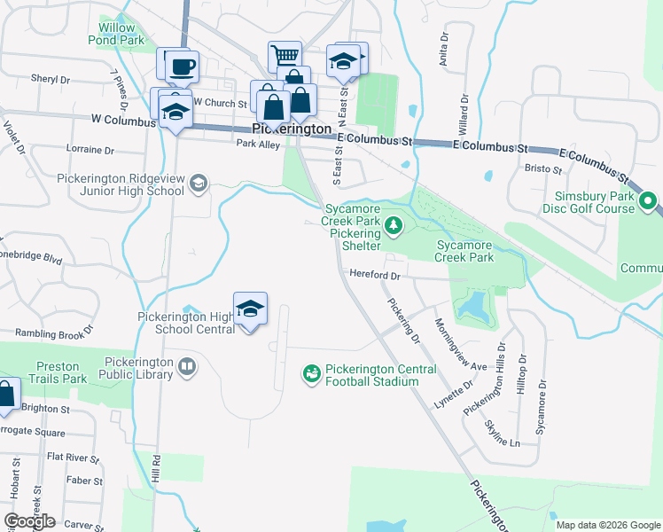 map of restaurants, bars, coffee shops, grocery stores, and more near 255 Lockville Road in Pickerington