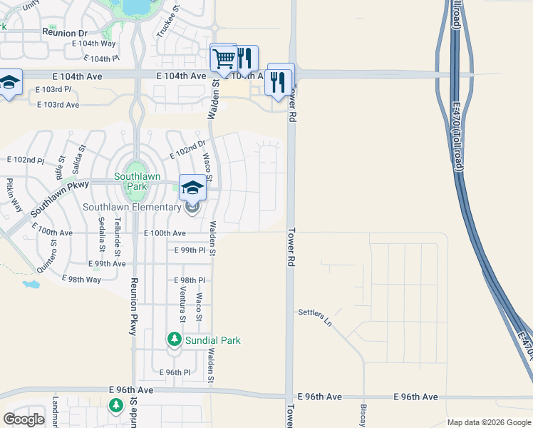 map of restaurants, bars, coffee shops, grocery stores, and more near 18360 East 100th Place in Commerce City