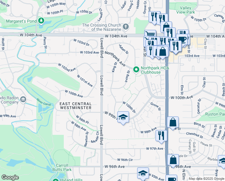 map of restaurants, bars, coffee shops, grocery stores, and more near 10012 Irving Street in Westminster