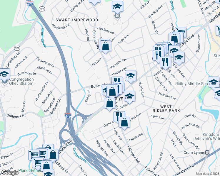 map of restaurants, bars, coffee shops, grocery stores, and more near 315 Fairview Road in Woodlyn