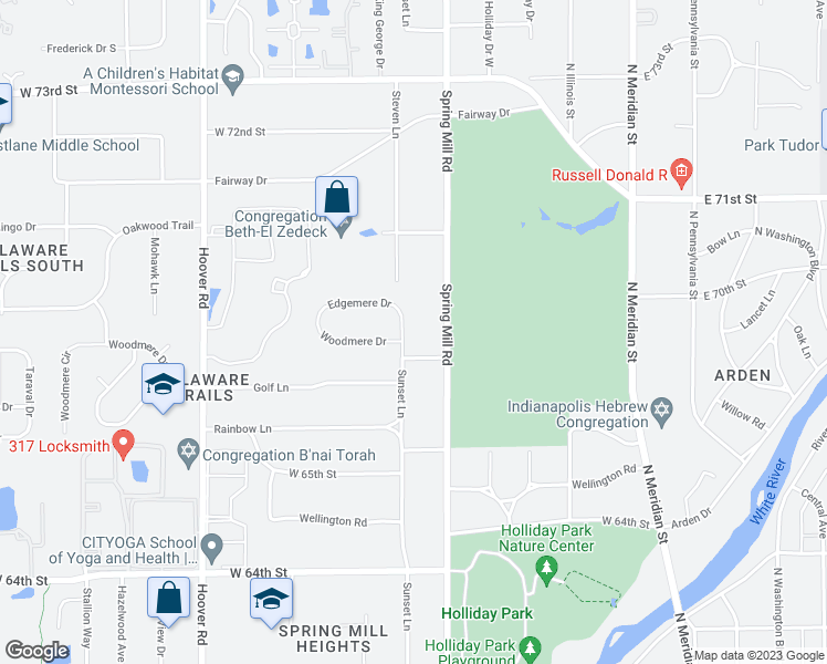 map of restaurants, bars, coffee shops, grocery stores, and more near 6615 Sunset Lane in Indianapolis