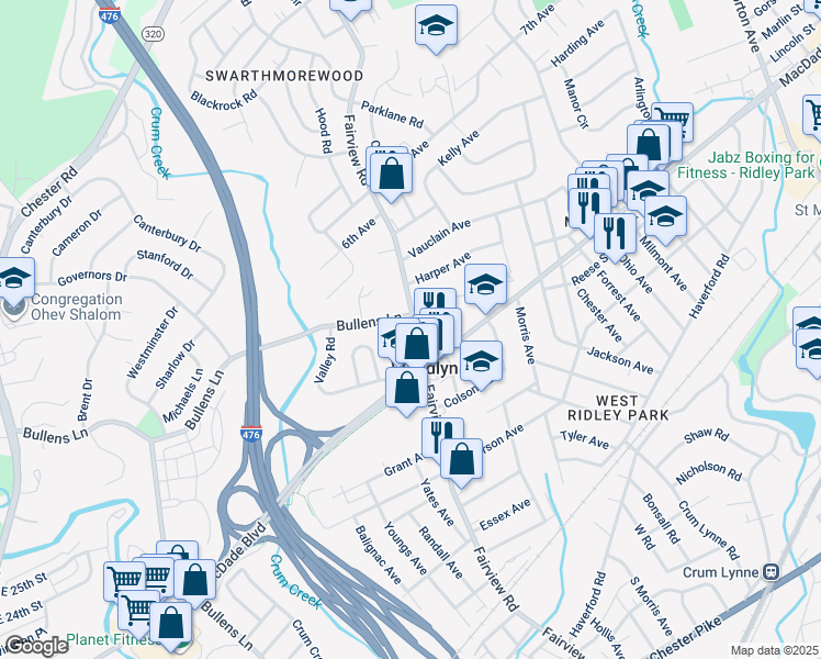 map of restaurants, bars, coffee shops, grocery stores, and more near 319 Fairview Road in Woodlyn