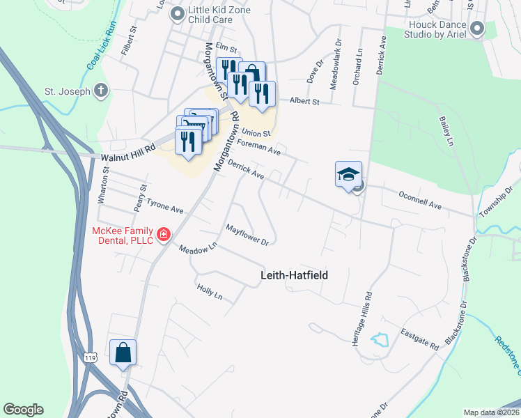 map of restaurants, bars, coffee shops, grocery stores, and more near 103 Mayflower Drive in Uniontown