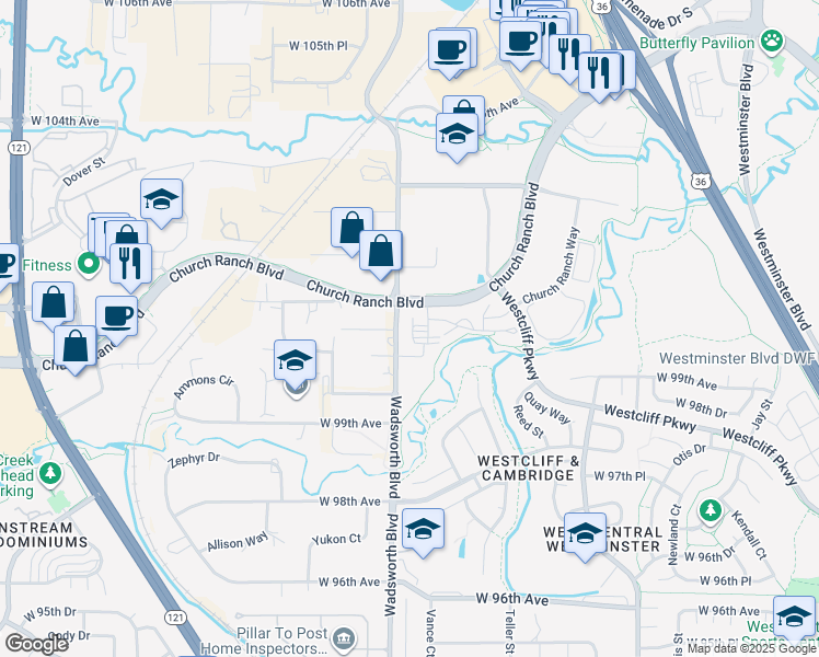 map of restaurants, bars, coffee shops, grocery stores, and more near 10020 Wadsworth Boulevard in Westminster